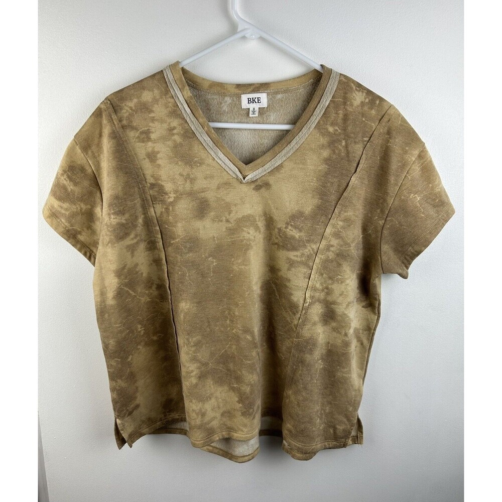 BKE Buckle Shirt Women's Size Small Beige/Tan Tie Dye Tee V-Neck Casual Boho